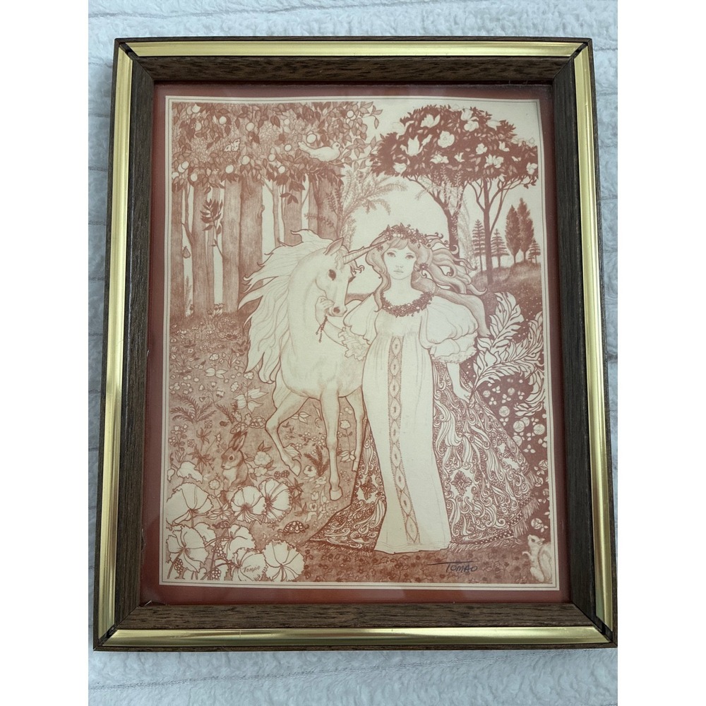 Vintage Tomao Unicorn and Maiden Fantasy Art lilograph Framed  Enchanted Forest